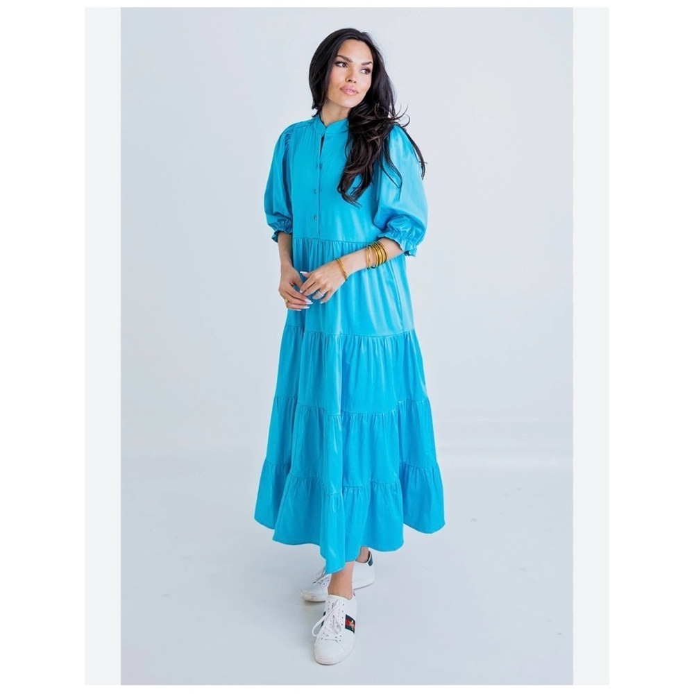 Karlie Satin Maxi Tiered Dress sz: S Deep Blue Sea Travel Vacation Casual Preppy